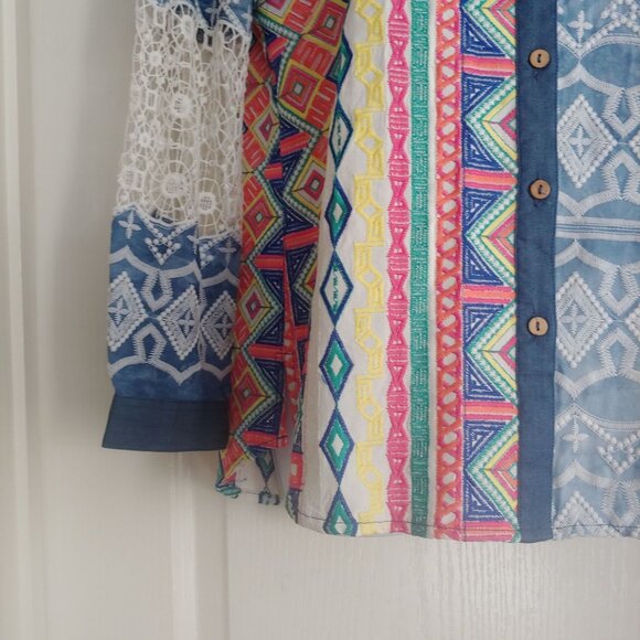 John Mark  Embroidered Patch Lacey Colorful Button L-Sleeve Shirt S - Picture 5 of 15